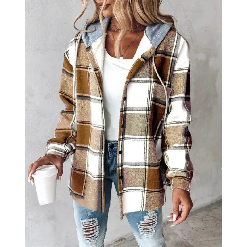 PlaidCharm™ Women’s Hooded Plaid Button Jacket