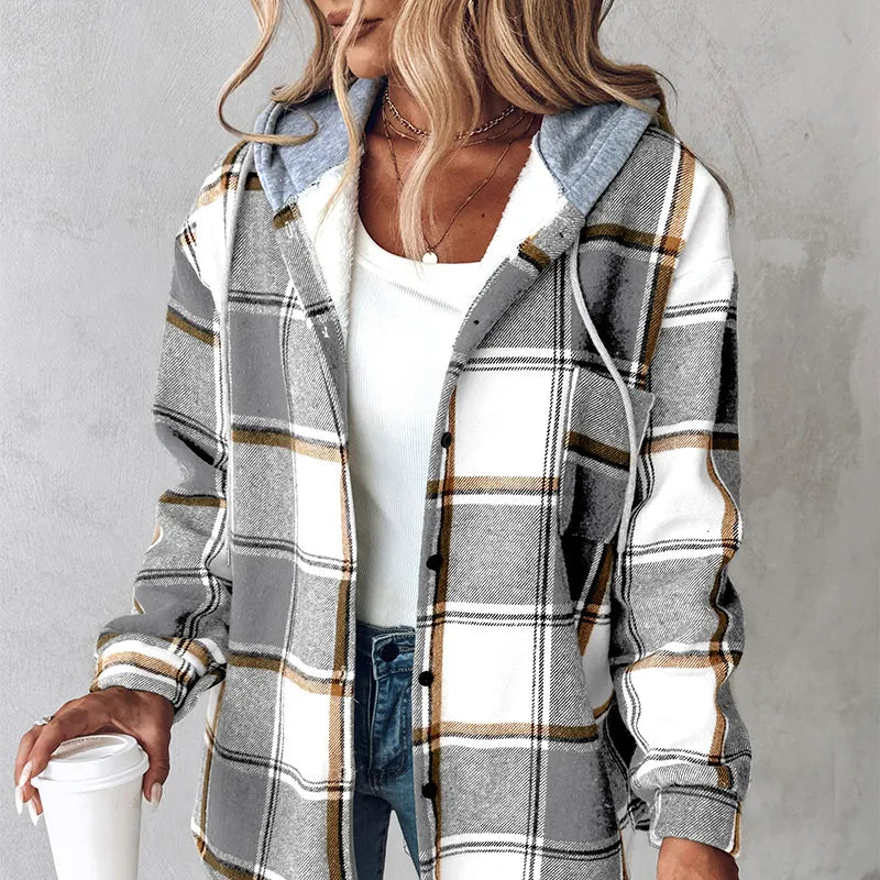PlaidCharm™ Women’s Hooded Plaid Button Jacket