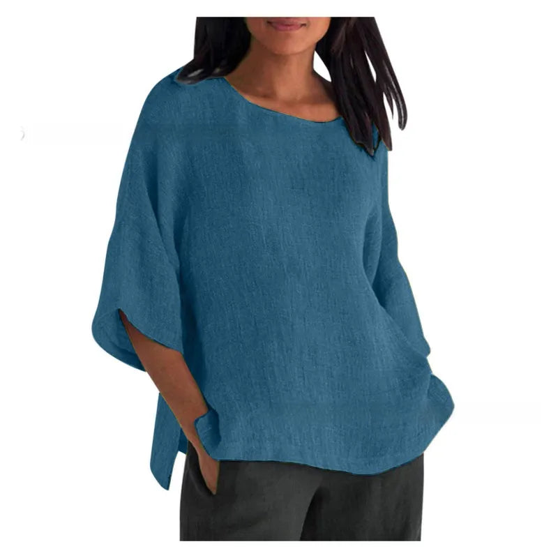 LinenEase™ Women’s Cotton & Linen Shirt – Three-Quarter Sleeve Round Neck Top