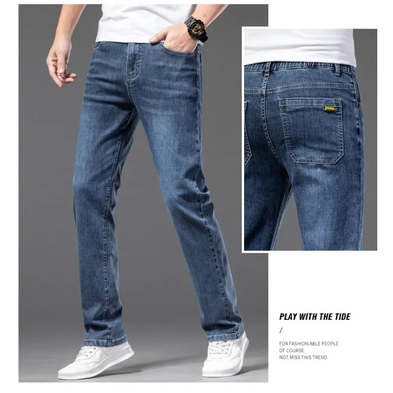 π₯ Menβs Casual Half-Elastic Waist Stretch Denim Trousers β Perfect Fit, Maximum Comfort! π₯