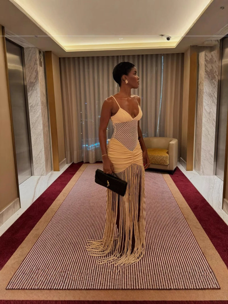 ✨ Fashion Suspenders Mesh Midriff Outfit Pleated Dress – Elegance Meets Confidence! ✨