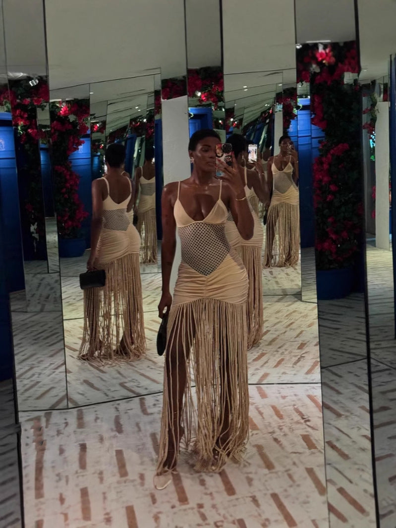 ✨ Fashion Suspenders Mesh Midriff Outfit Pleated Dress – Elegance Meets Confidence! ✨