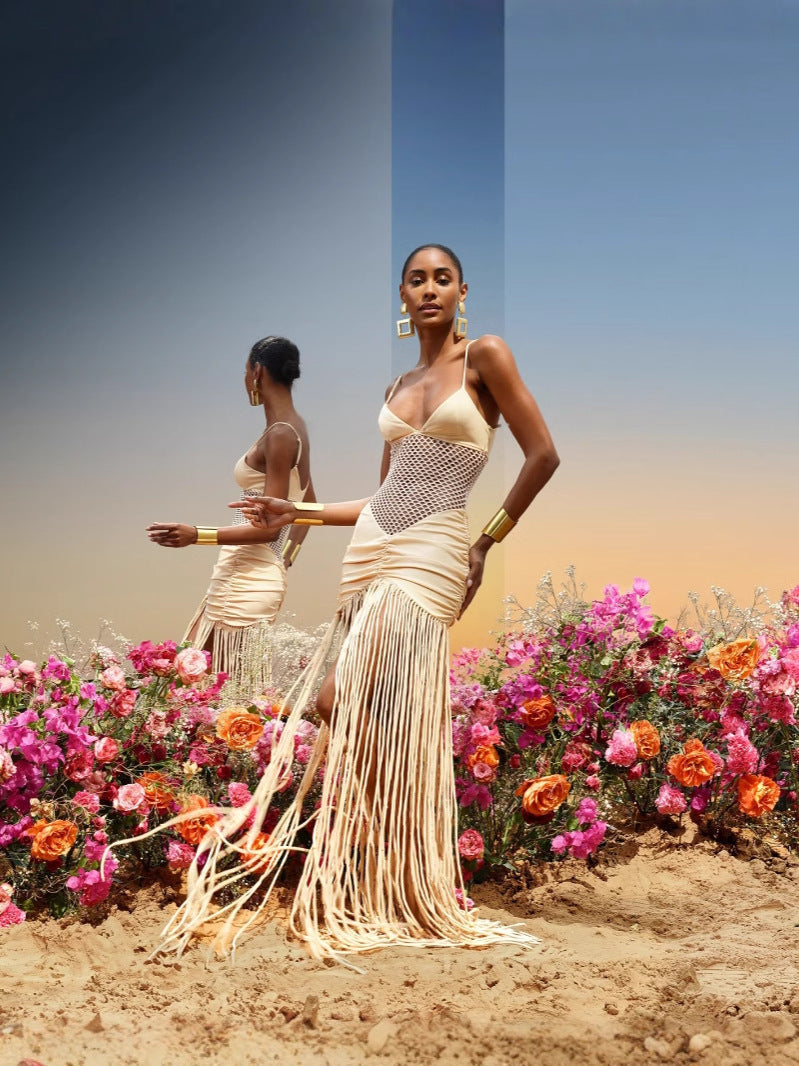 ✨ Fashion Suspenders Mesh Midriff Outfit Pleated Dress – Elegance Meets Confidence! ✨