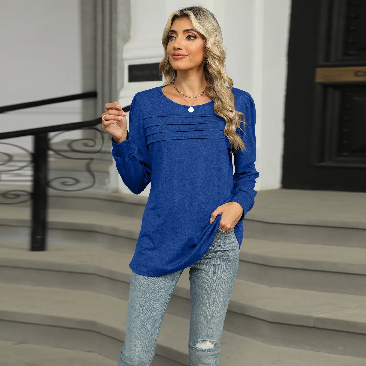 PleaChic™ Women’s U-Neck Pleated Long-Sleeve Top