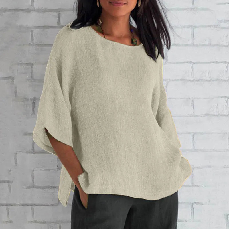 LinenEase™ Women’s Cotton & Linen Shirt – Three-Quarter Sleeve Round Neck Top