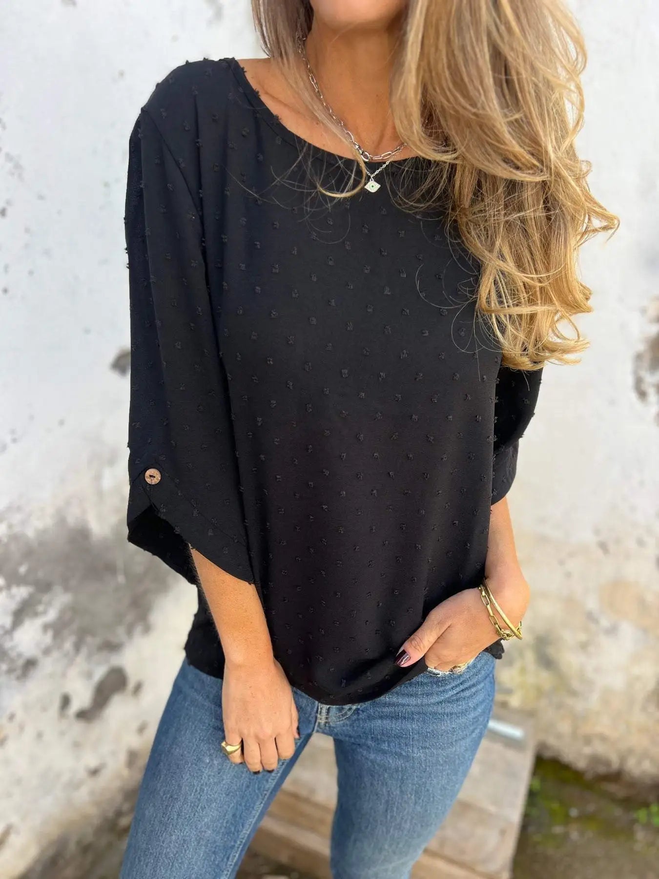 Round Neck Embroidered Large Cuffs Casual Shirt
