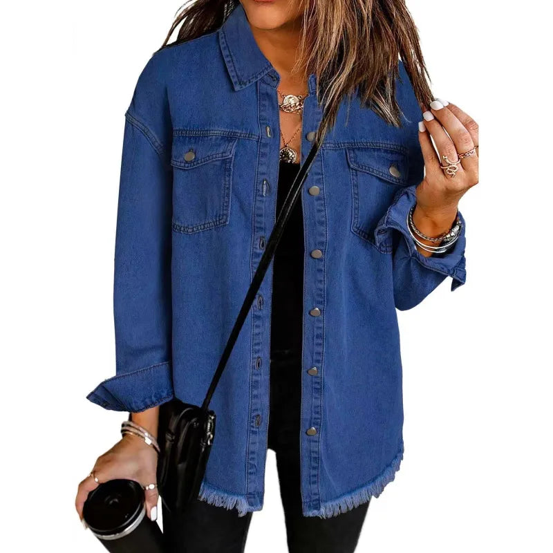DenimEdge™ Washed Street Style Shirt – Frayed Hem Women’s Coat