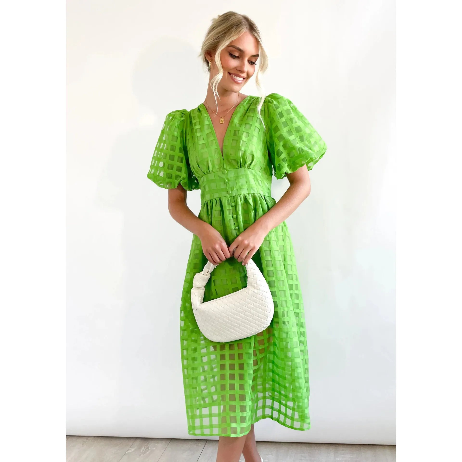 👗 GlowMuse™ Lantern Sleeve Midi Dress