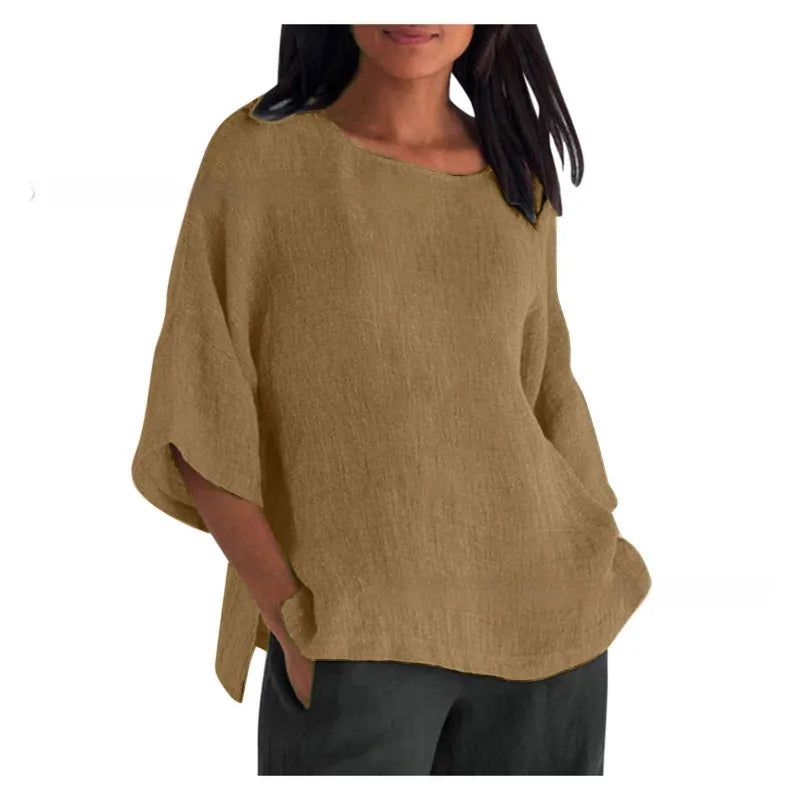 LinenEase™ Women’s Cotton & Linen Shirt – Three-Quarter Sleeve Round Neck Top