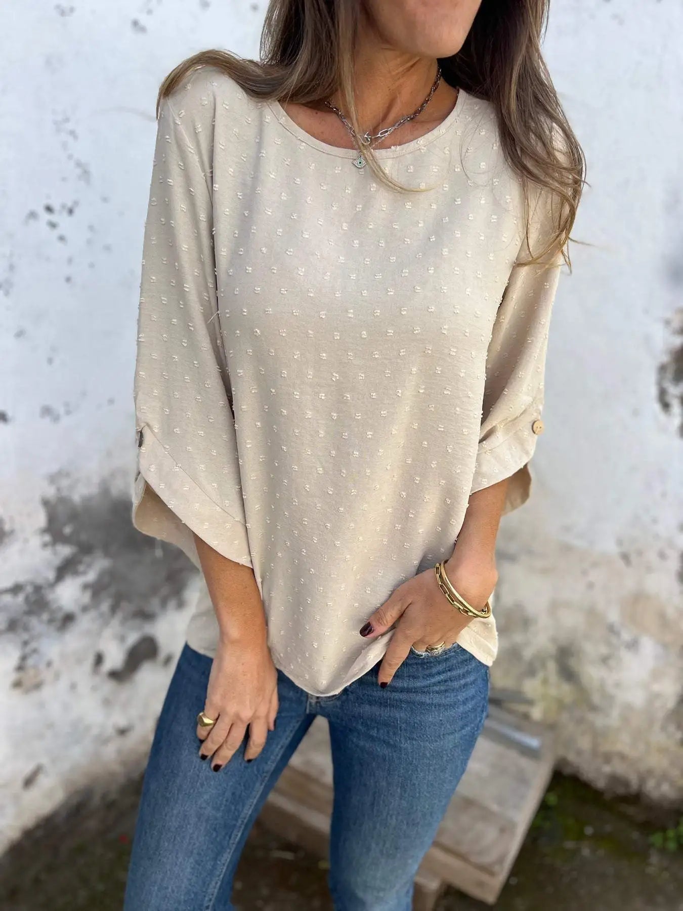 Round Neck Embroidered Large Cuffs Casual Shirt