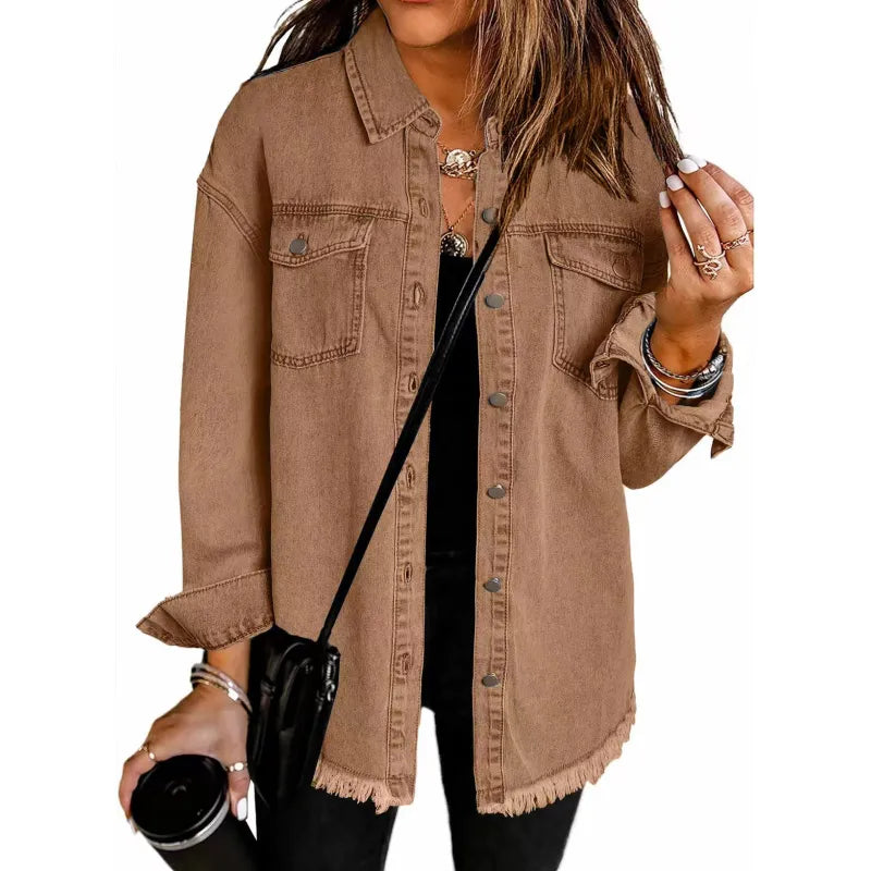 DenimEdge™ Washed Street Style Shirt – Frayed Hem Women’s Coat