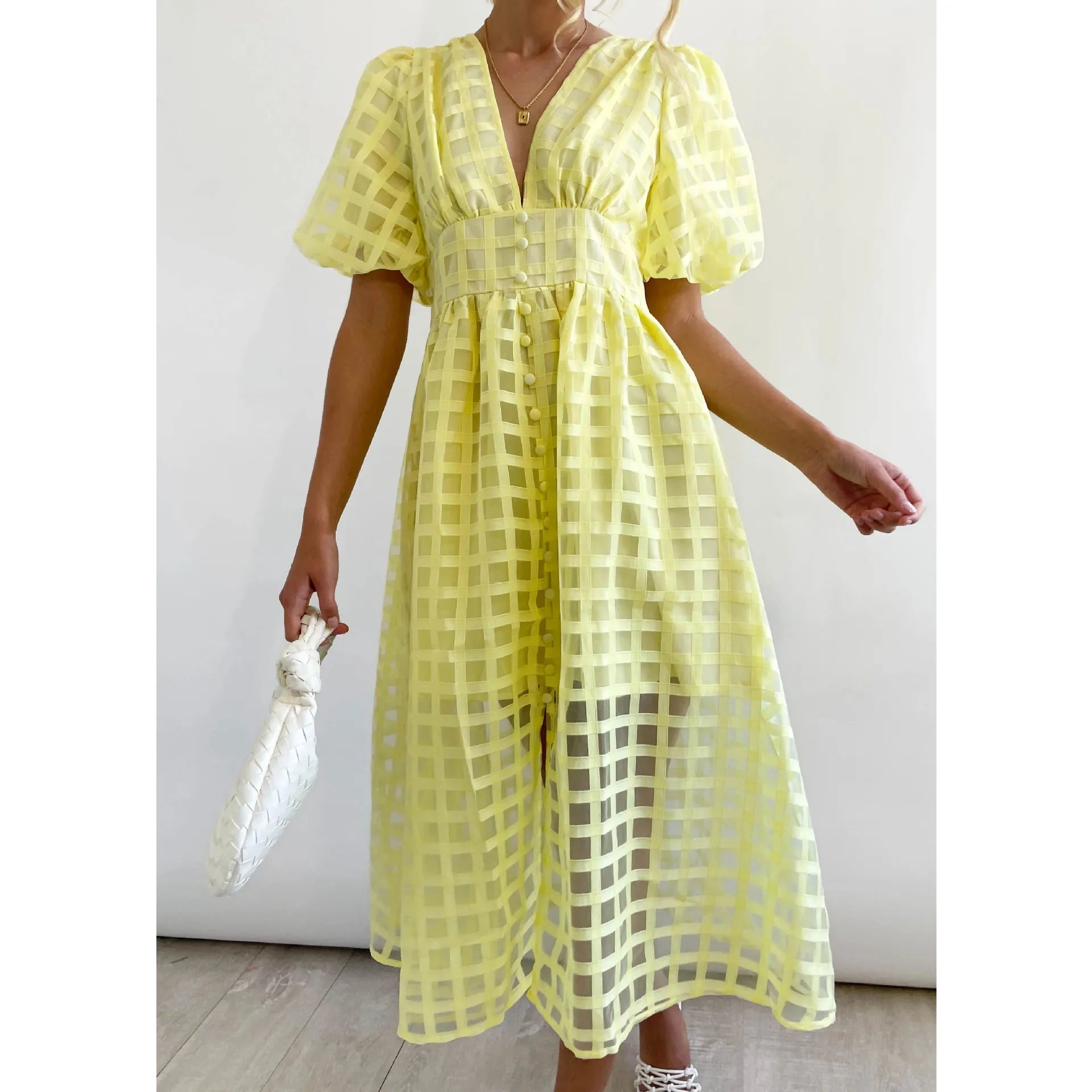 👗 GlowMuse™ Lantern Sleeve Midi Dress