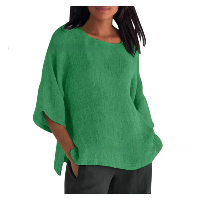 LinenEase™ Women’s Cotton & Linen Shirt – Three-Quarter Sleeve Round Neck Top