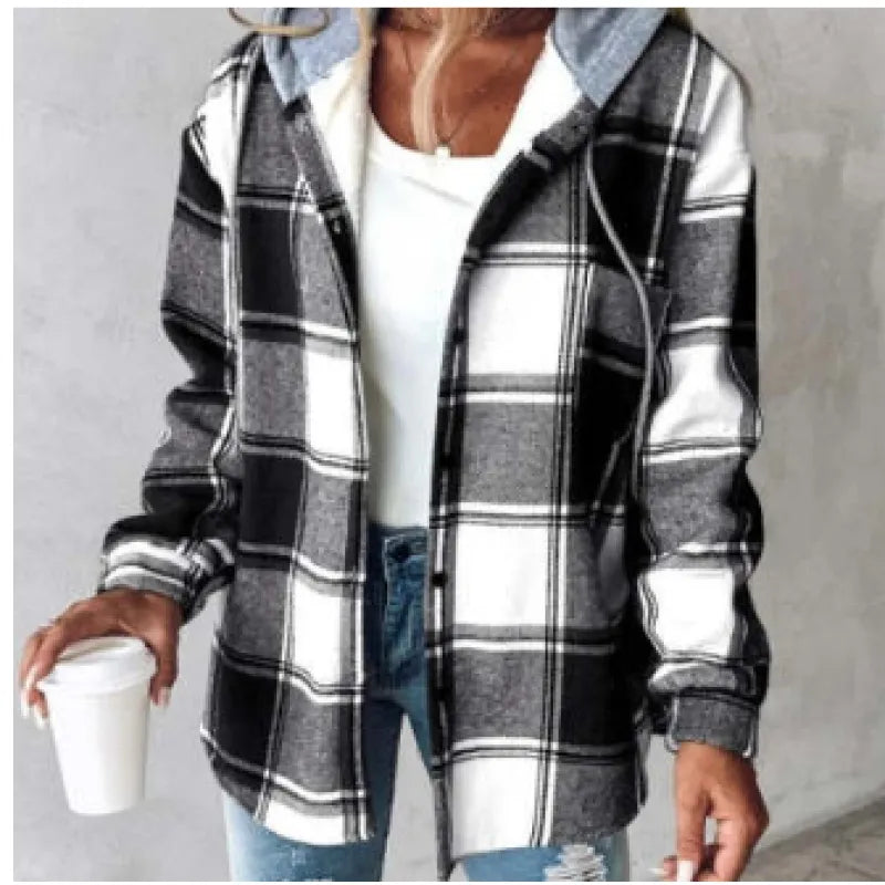 PlaidCharm™ Women’s Hooded Plaid Button Jacket