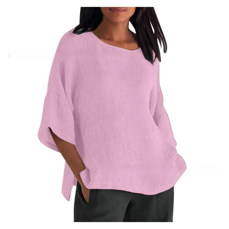 LinenEase™ Women’s Cotton & Linen Shirt – Three-Quarter Sleeve Round Neck Top