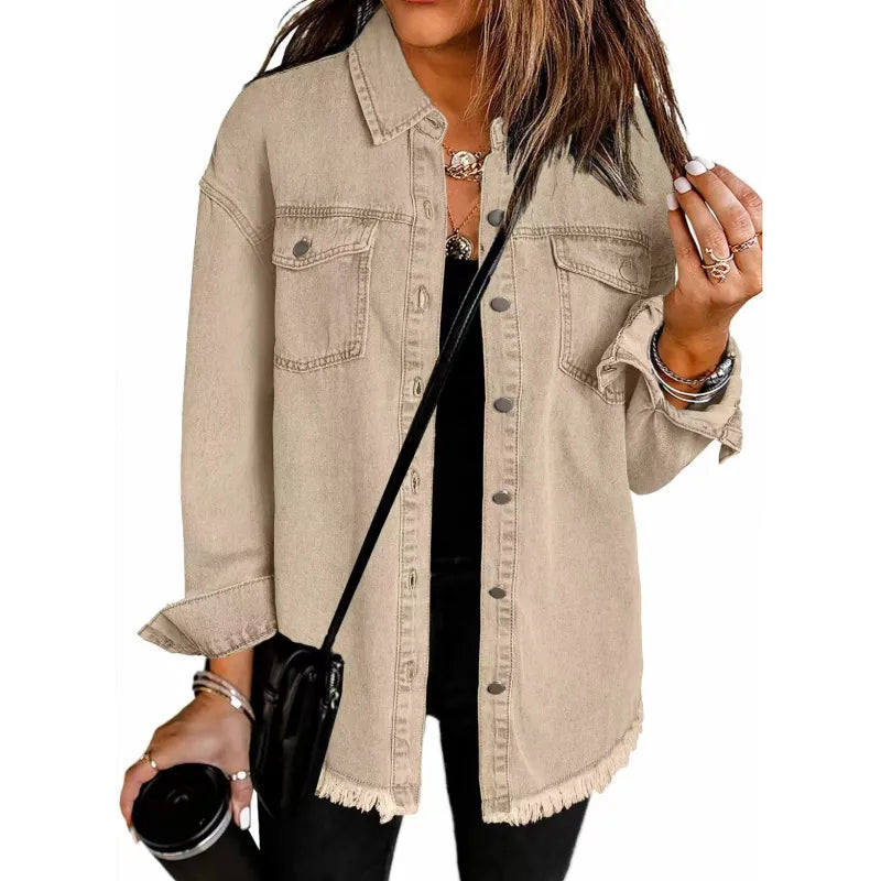 DenimEdge™ Washed Street Style Shirt – Frayed Hem Women’s Coat