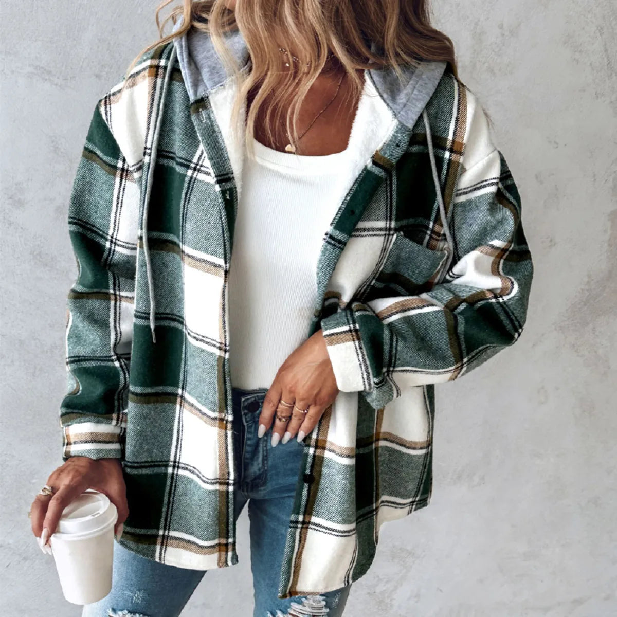 PlaidCharm™ Women’s Hooded Plaid Button Jacket