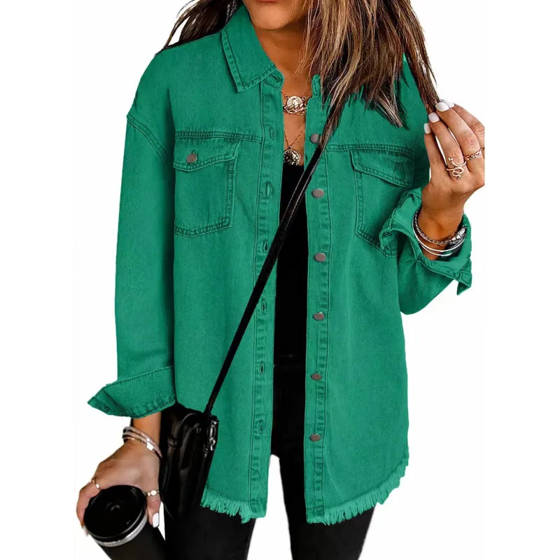 DenimEdge™ Washed Street Style Shirt – Frayed Hem Women’s Coat