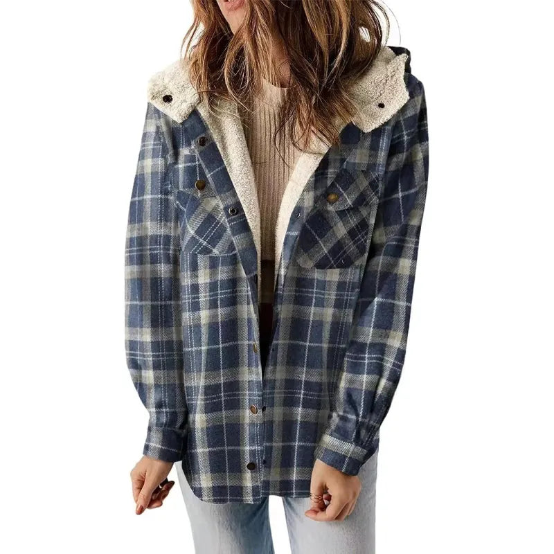 PlaidWarm™ Hooded Woolen Coat – Thick Fleece-Lined Casual Jacket