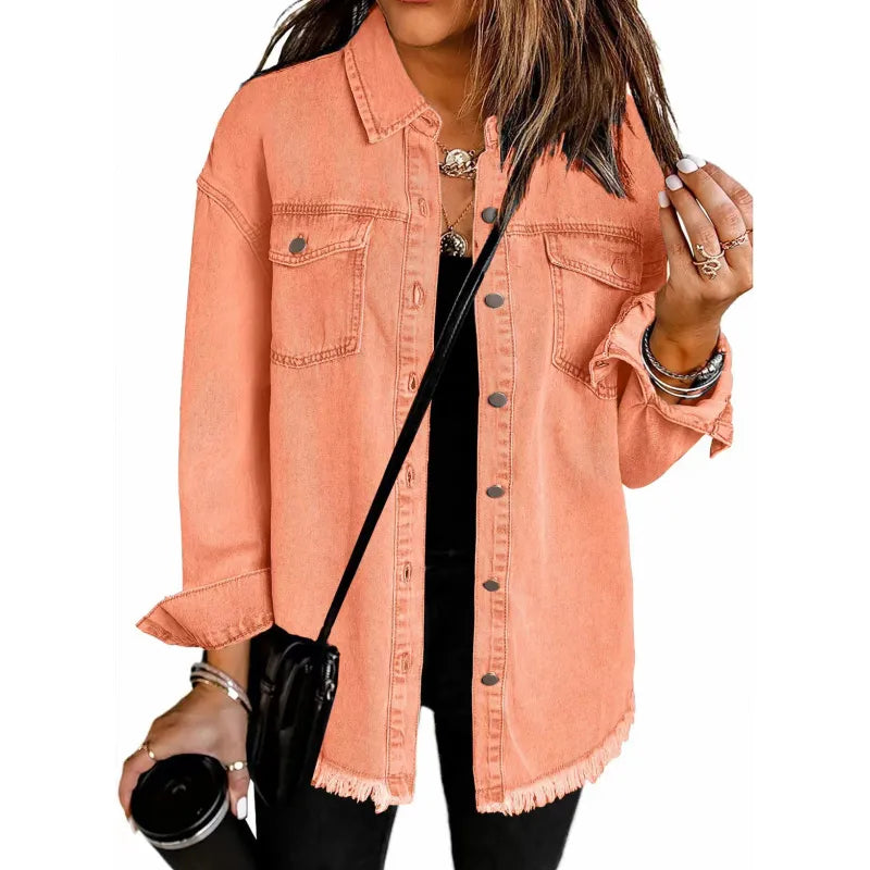 DenimEdge™ Washed Street Style Shirt – Frayed Hem Women’s Coat