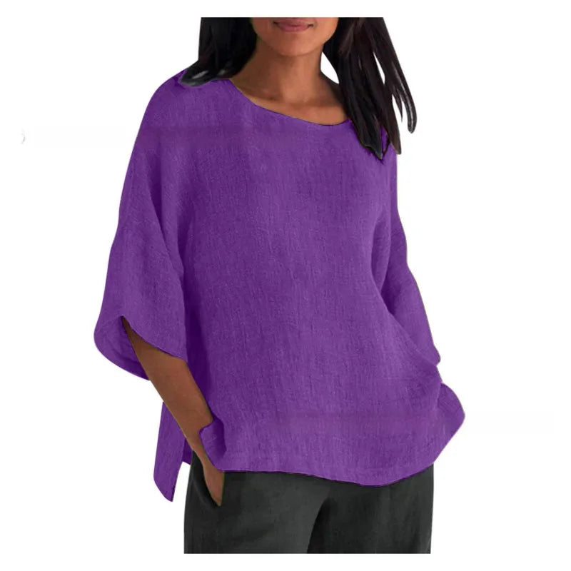 LinenEase™ Women’s Cotton & Linen Shirt – Three-Quarter Sleeve Round Neck Top