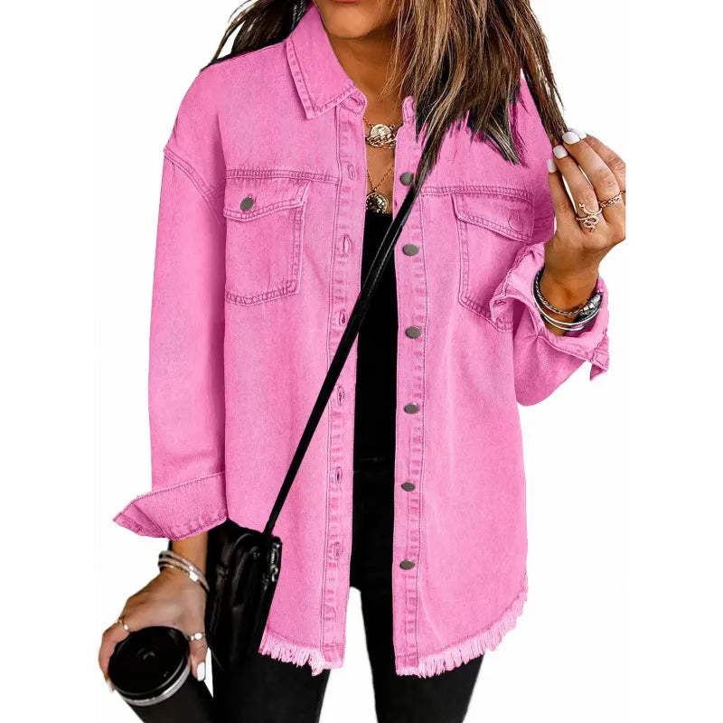 DenimEdge™ Washed Street Style Shirt – Frayed Hem Women’s Coat
