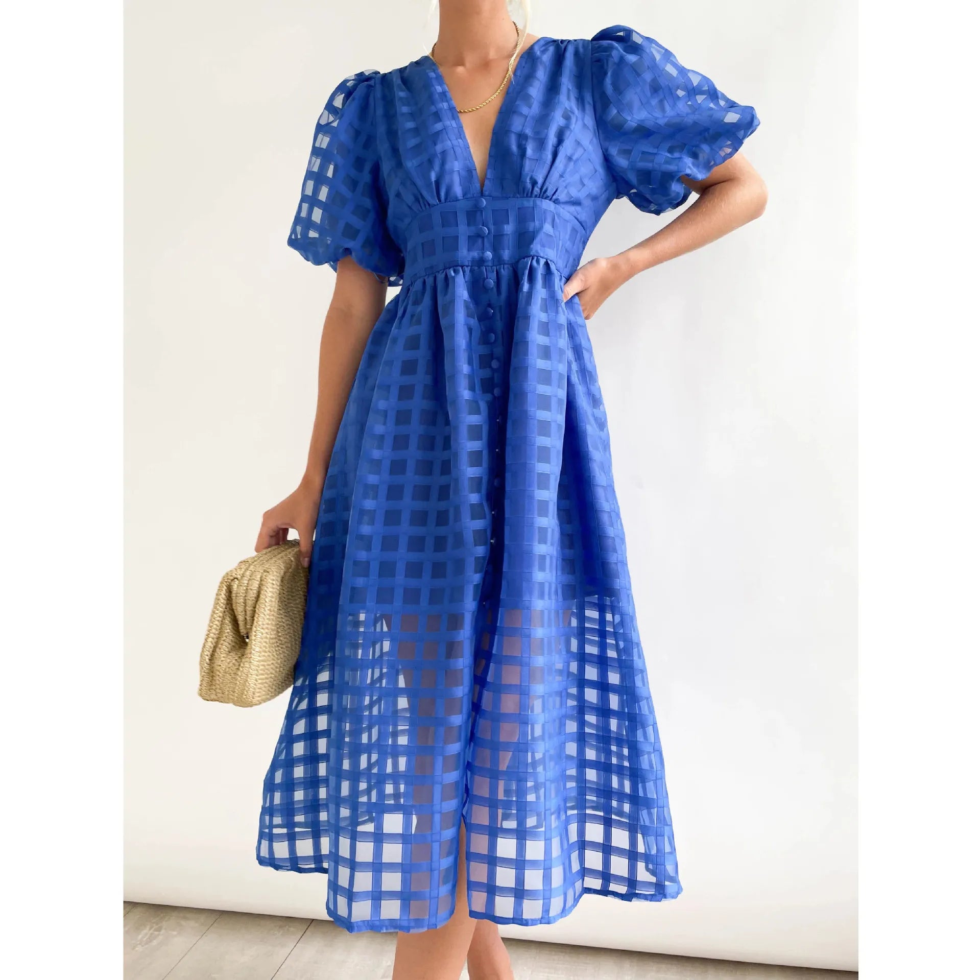 👗 GlowMuse™ Lantern Sleeve Midi Dress