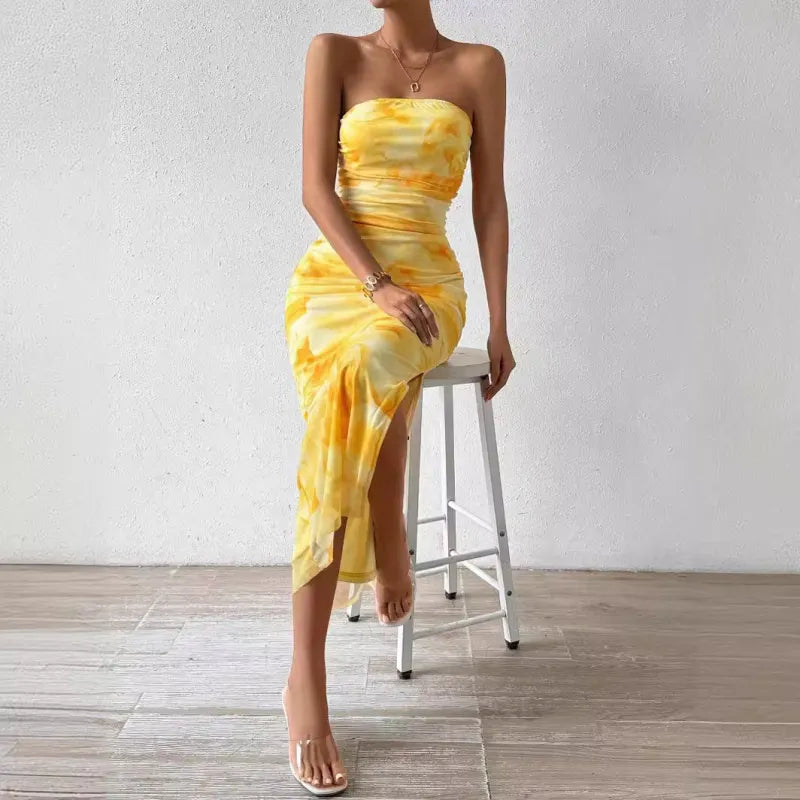 💃 CurveMuse™ Mesh Pleated Strapless Bodycon Dress