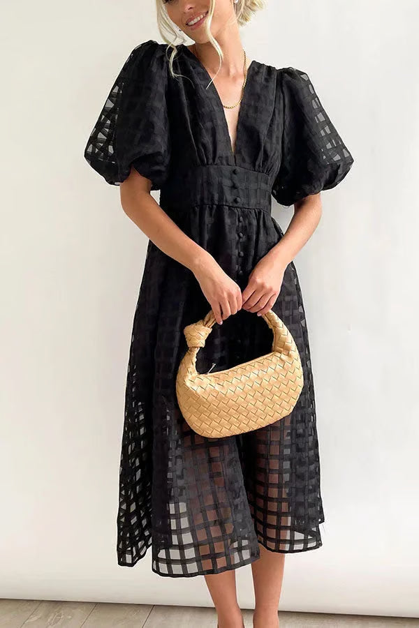 👗 GlowMuse™ Lantern Sleeve Midi Dress