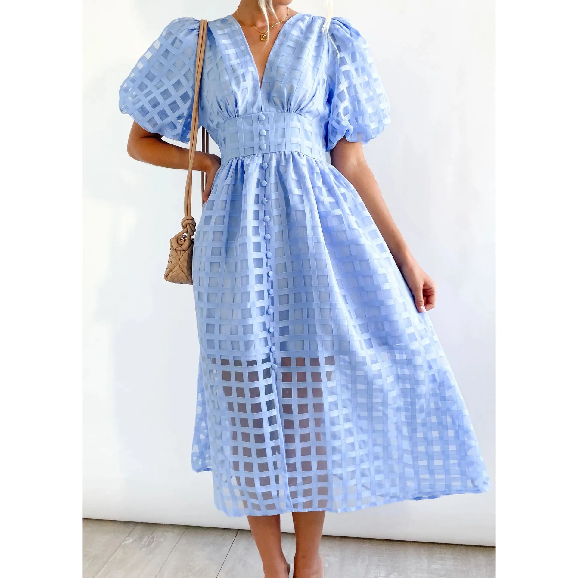 👗 GlowMuse™ Lantern Sleeve Midi Dress