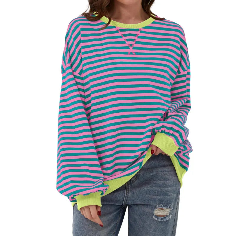 Womens Striped Oversized Sweatshirt - Look Effortlessly Stylish Without Even Trying!