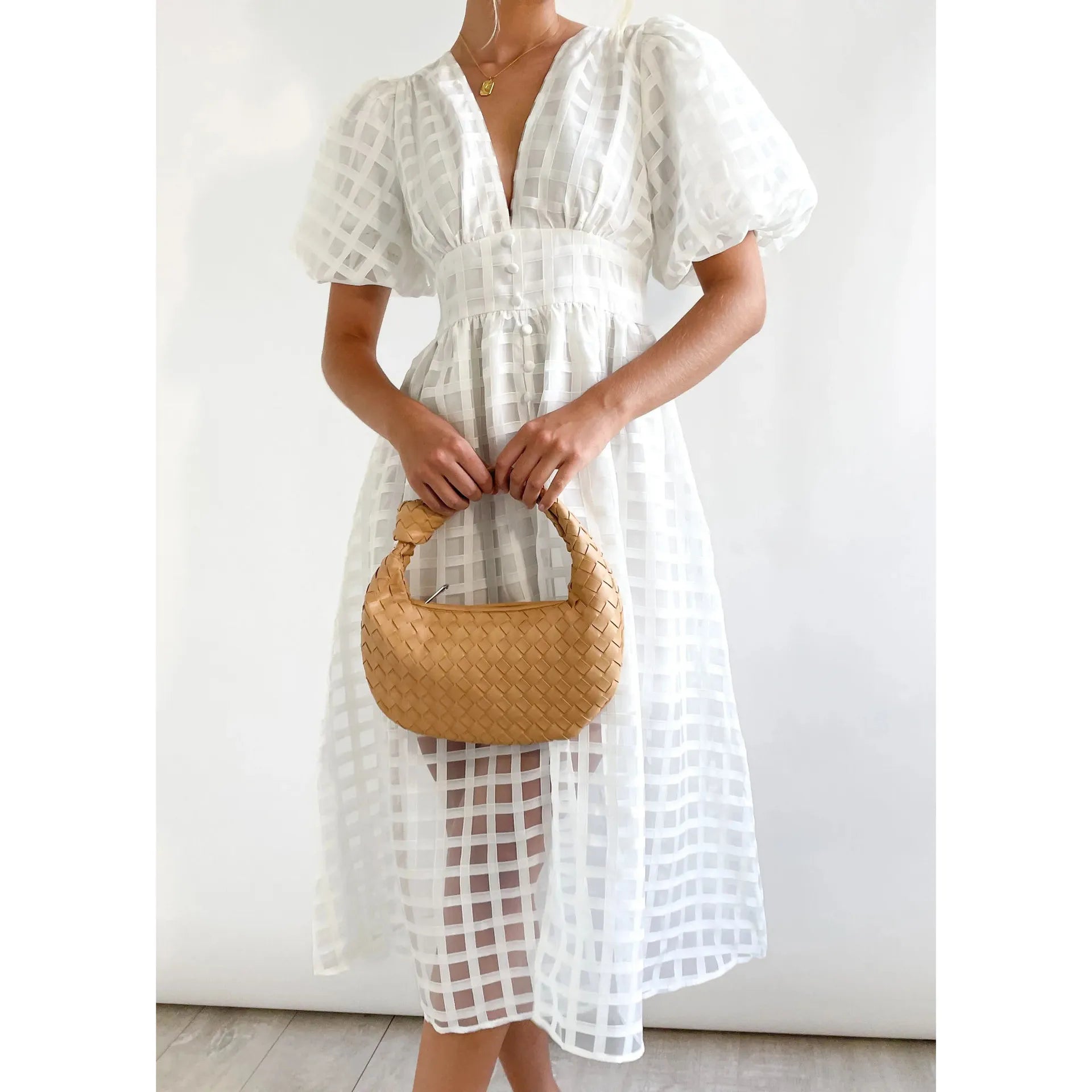 👗 GlowMuse™ Lantern Sleeve Midi Dress