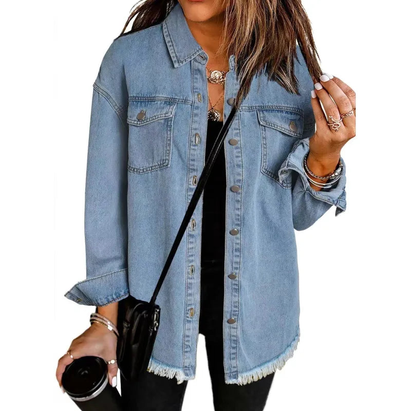 DenimEdge™ Washed Street Style Shirt – Frayed Hem Women’s Coat