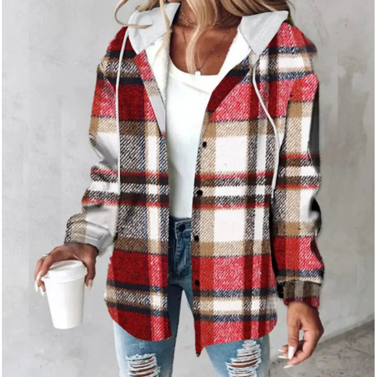 PlaidCharm™ Women’s Hooded Plaid Button Jacket